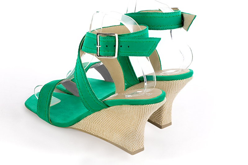 Emerald green women's fully open sandals, with crossed straps. Square toe. High wedge heels. Rear view - Florence KOOIJMAN